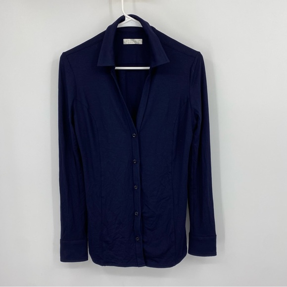 Anatomie Blue Nikki Long Sleeve Jersey Button Down Shirt with Notched Collar - Picture 1 of 10